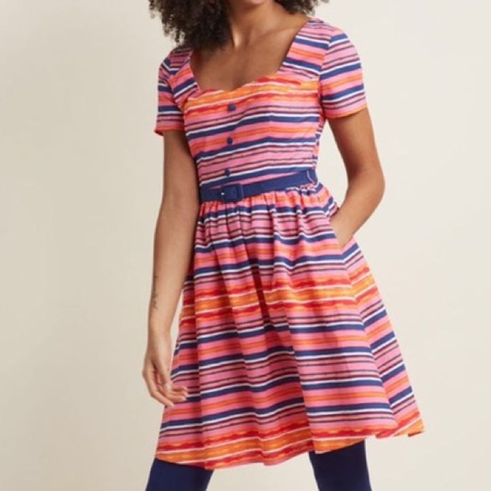 ModCloth cap sleeve A Line striped Dress pockets